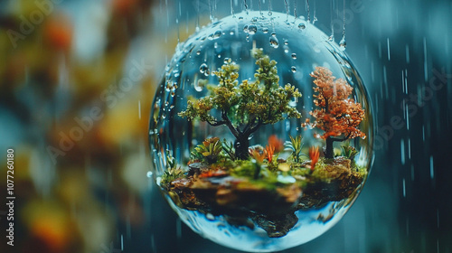 Detailed view of a single raindrop containing a miniature scene of an alien world, complete with tiny plants and skies.