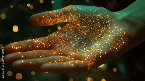 Detailed view of a personâs palm, with lines forming into constellations, glowing faintly as if alive with cosmic energy. photo