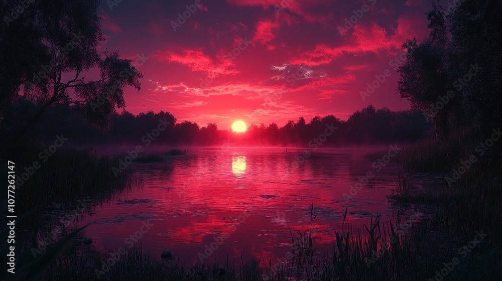 Fototapeta premium A vibrant sunset over a still lake, casting a warm glow on the water and surrounding trees, creating a serene and peaceful atmosphere.