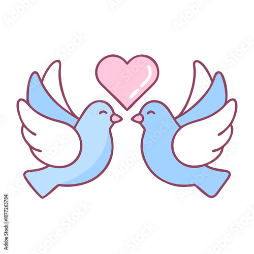 Two birds are flying together with a heart in the middle. The heart is pink and blue. The birds are smiling and seem to be happy