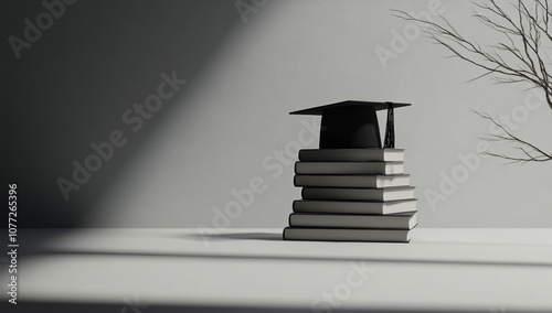A black graduation cap sits atop a stack of books, isolated against a grey background