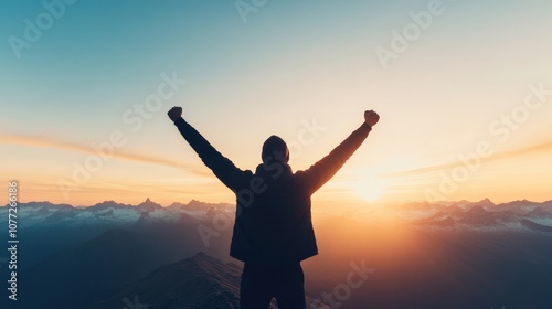 Wallpaper Mural Summit of Success: A lone figure stands atop a mountain, arms raised in triumph against a backdrop of a breathtaking sunrise. Torontodigital.ca