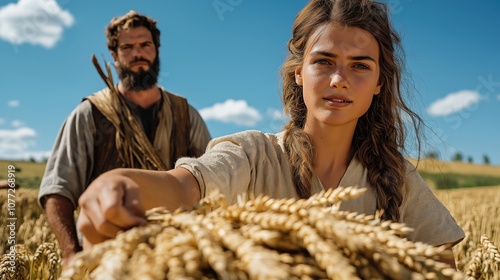 Ruth gathering wheat in a golden field, while Boaz stands in the background, watching her with admiration under a bright sun. photo