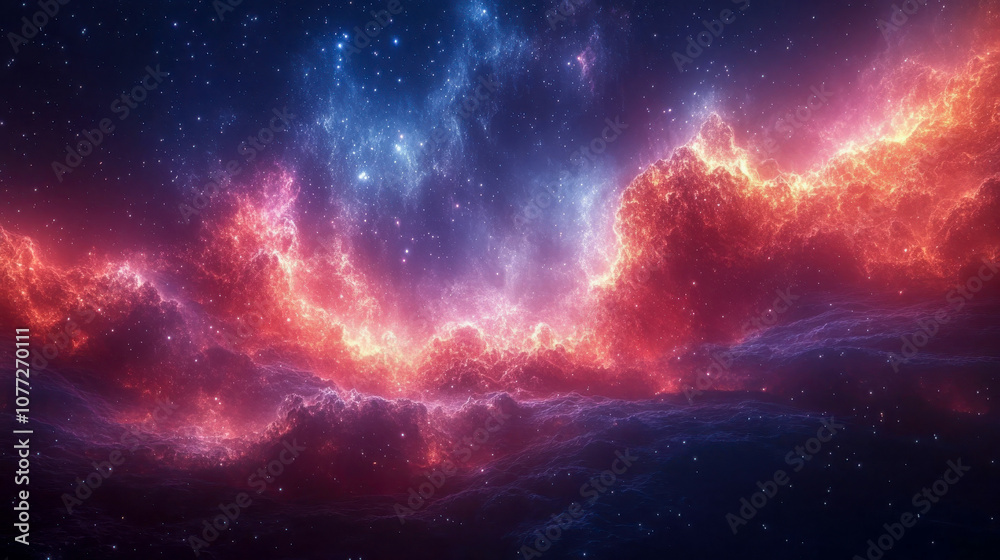 Obraz premium Vibrant cosmic scene featuring a pink and blue nebula, stars scattered across a deep space background