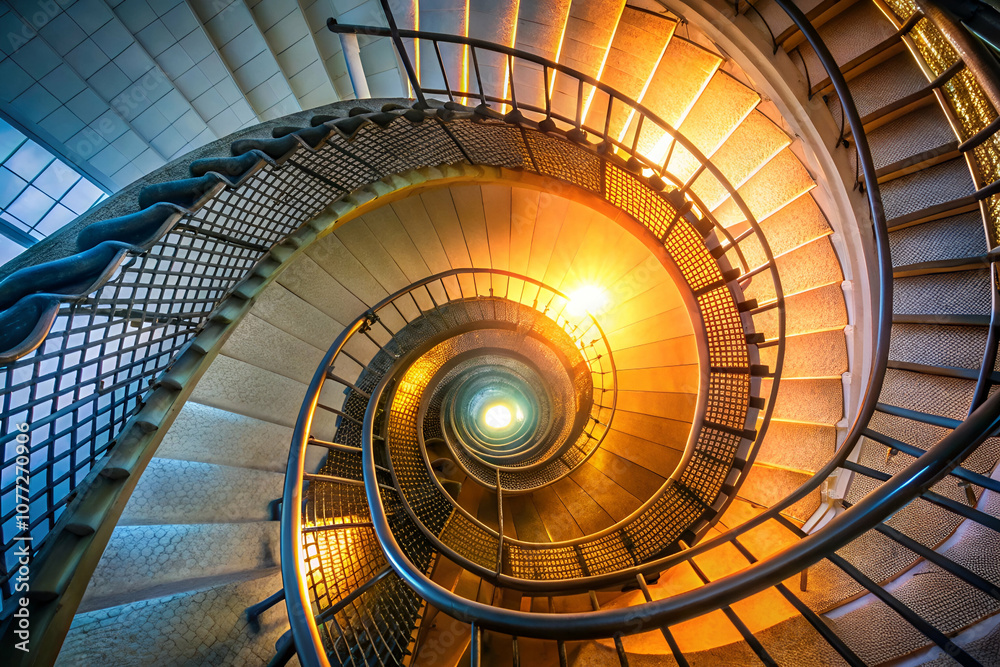 Fototapeta premium A captivating spiral staircase illuminated by warm light, creating a sense of depth and inviting exploration.