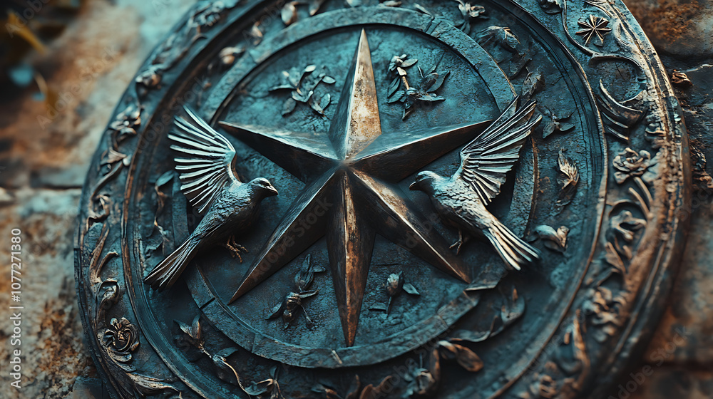 Obraz premium Circular emblem close up with bird and star photos