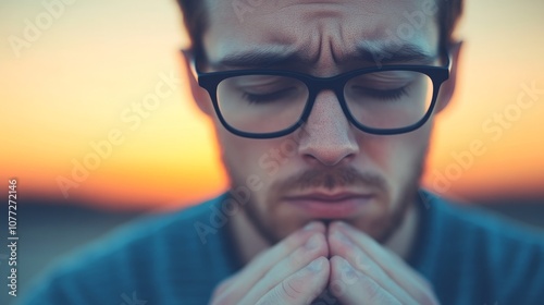 Sunset Contemplation: A thoughtful young man with glasses, lost in contemplation against a warm sunset backdrop.  His expression conveys introspection and quiet reflection. photo