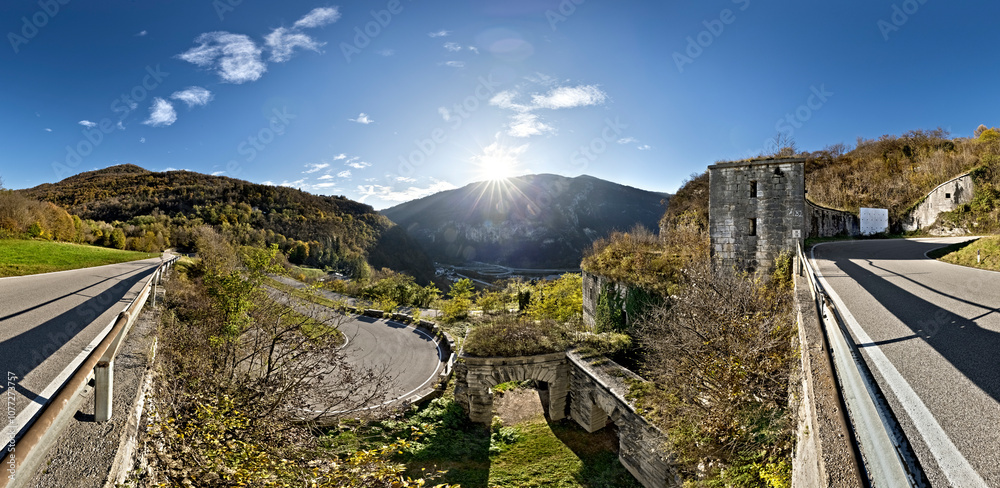 Tagliata della Scala: the nineteenth-century fortress and the road between Primolano and Fastro. Valbrenta, Veneto, Italy.