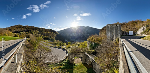 Obraz na płótnie Tagliata della Scala: the nineteenth-century fortress and the road between Primolano and Fastro. Valbrenta, Veneto, Italy. w salonie