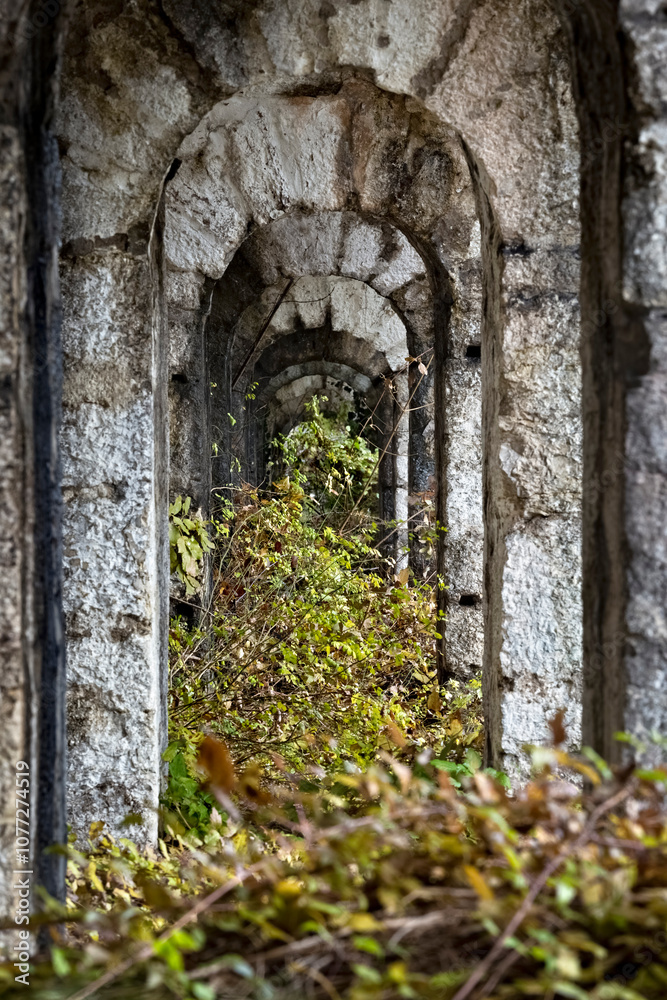 Tagliata della Scala: interior of the 19th-century fortress with vaulted passages between casemates. Primolano, Valbrenta, Veneto, Italy.