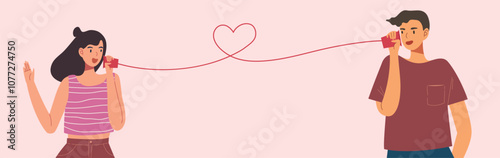 Young couple talking theough can phone. Flat vector illustration of girl and boy lovely couple with red can phone heart shape line. Concept of love, sweet, married, valentine's day, invitation card. photo