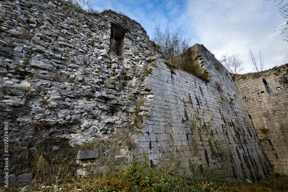 Tagliata delle Fontanelle: counterscarp wall in the moat of the 19th-century fortress. Fastro Bassanese, Valbrenta, Veneto, Italy.