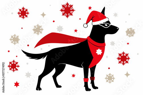 superhero dog with a Santa hat and Silhouette Icon on a white background