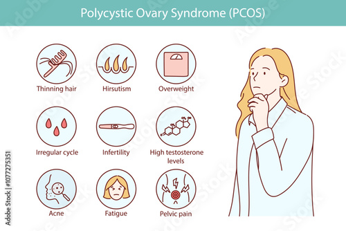 Polycystic ovary syndrome PCOS.  Ovarian cysts of the female reproductive system. New Year illustration is hand drawn.