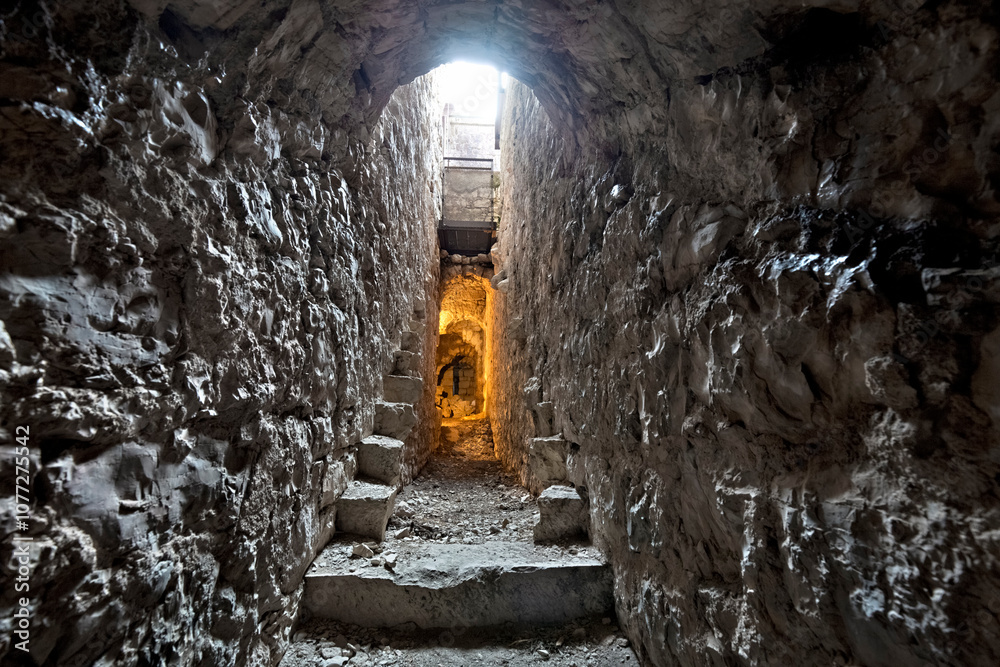 Tagliata delle Fontanelle: underground gallery of the 19th-century fortress. Fastro Bassanese, Valbrenta, Veneto, Italy.