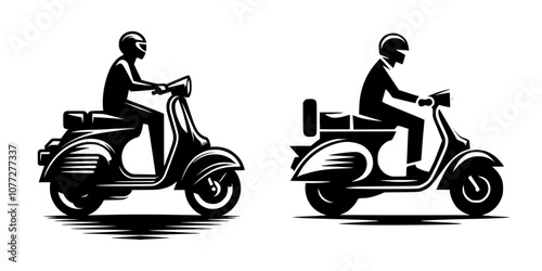 A 2D silhouette vector set of two vintage classic retro scooters with riders, isolated on a white background.