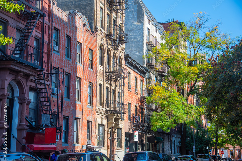 Picturesque facades in Greenwich Village on a sunny morning
