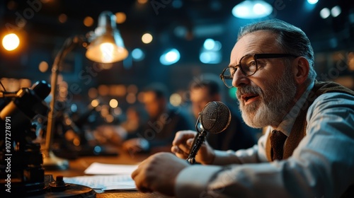 An elderly man with glasses broadcasts through a microphone in a vintage-styled studio, engaging with listeners, showcasing experience, passion, and communication. photo