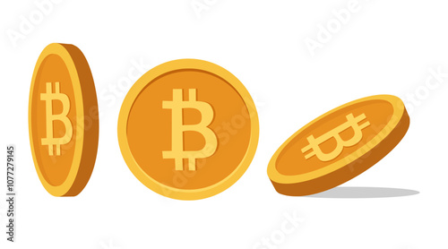 Bitcoin coins in various perspectives on white background. Minimalistic bitcoin coin illustration in vector blockchain cryptocurrency concept. For currency design, emblems, icons.