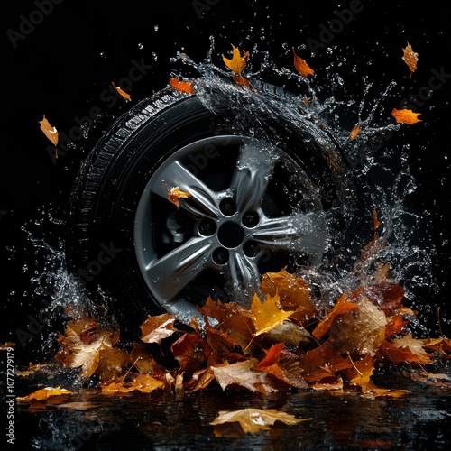 A car tire with water splashing around it, surrounded by autumn leaves. The image is set against a black background. photo