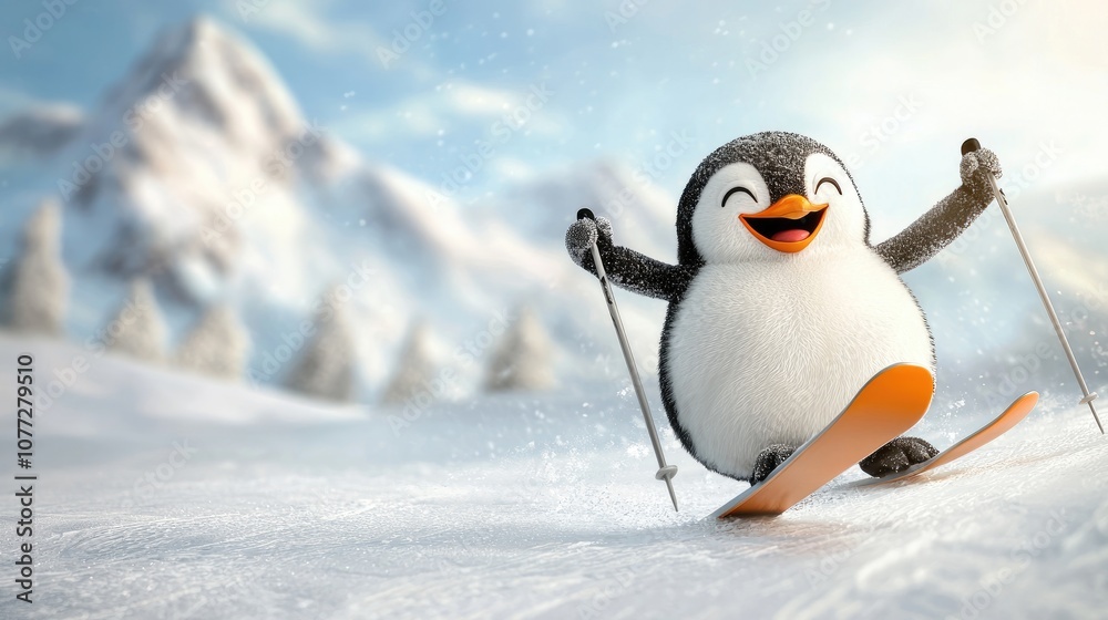 Fototapeta premium A cheerful penguin skiing joyfully on snowy slopes with mountains in the background, capturing a playful winter scene.