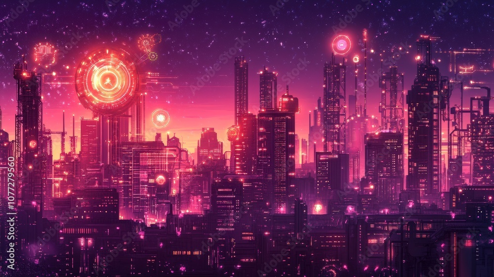 Fototapeta premium Futuristic Cyberpunk Cityscape Illuminated Under Neon Purple and Orange Skies