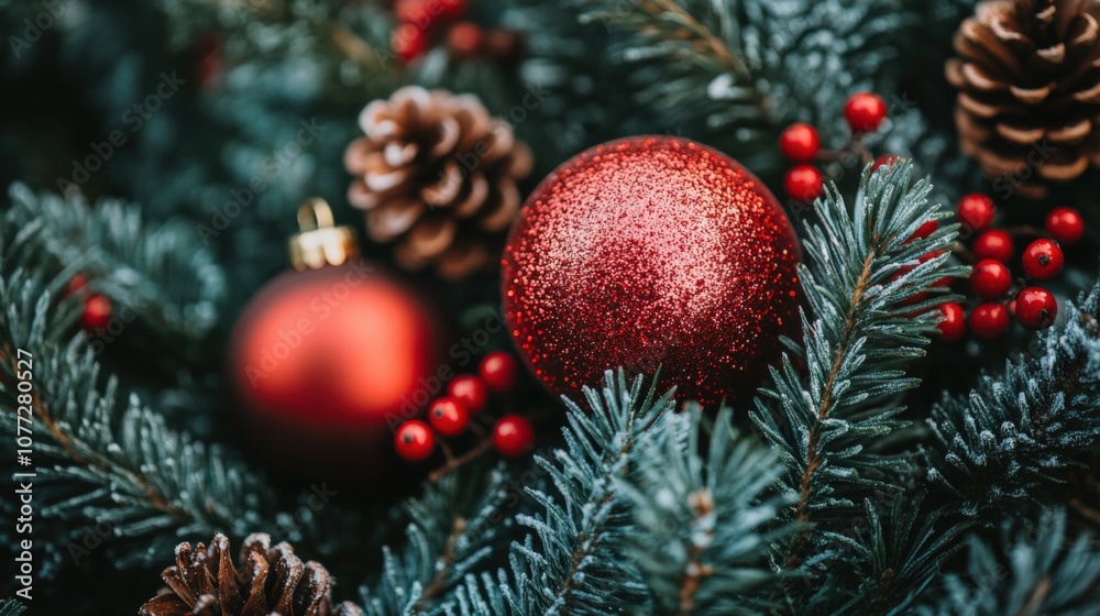 Fototapeta premium Festive Close-Up of Christmas Ornaments on Evergreen Branches