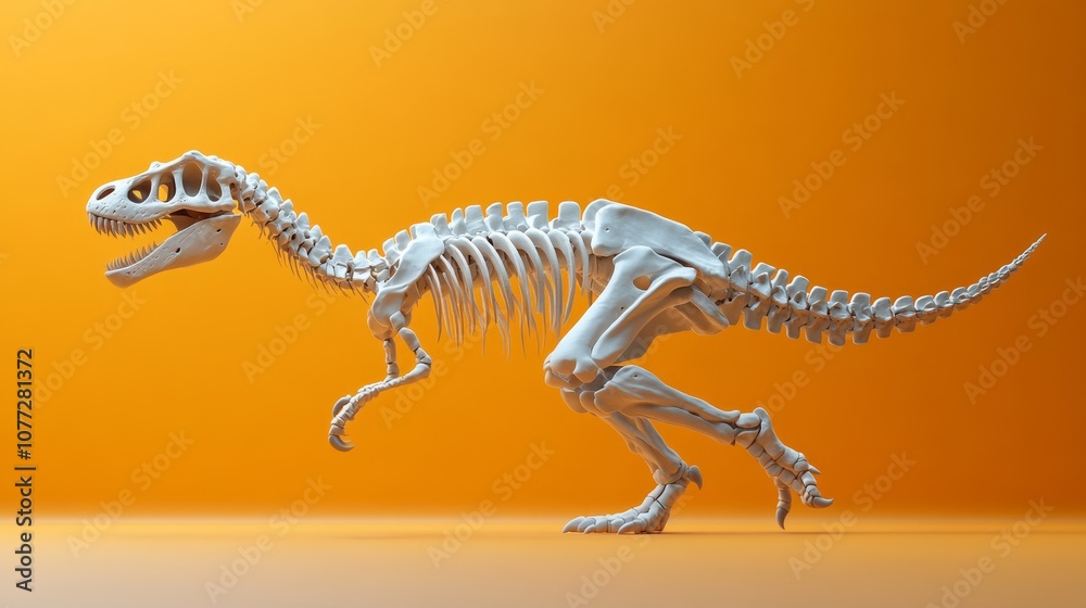 Naklejka premium Running dinosaur skeleton on orange background