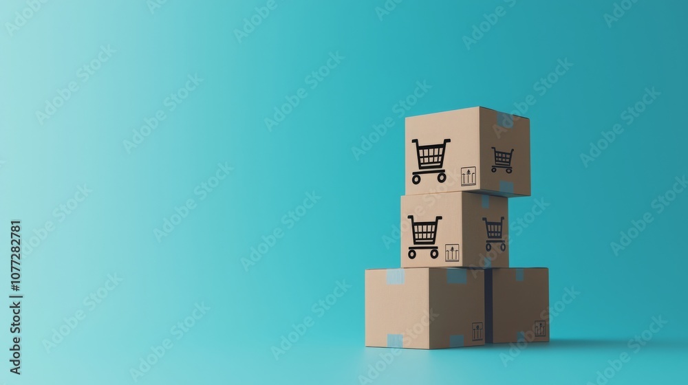 Obraz premium Three cardboard boxes stacked on a blue background with shopping cart symbols on each box.