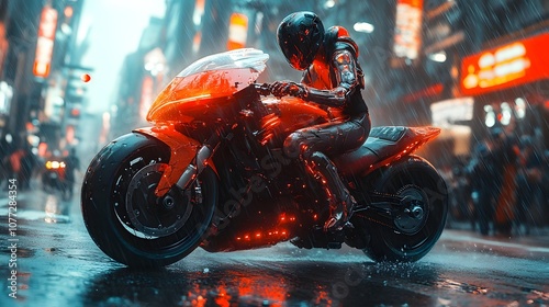 Cyberpunk Motorcycle Rider in Neon Rain photo