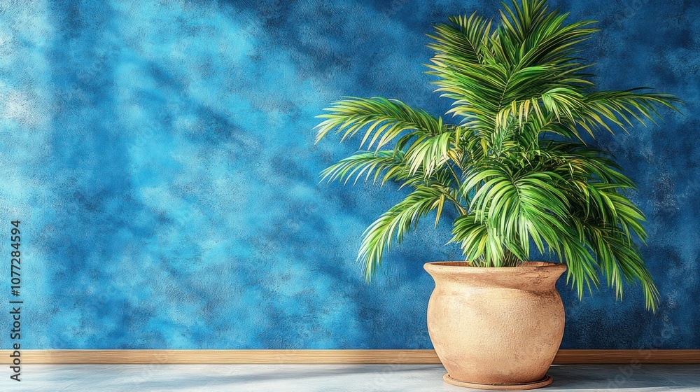 Obraz premium A potted palm tree stands against a blue wall with sunlight streaming in.