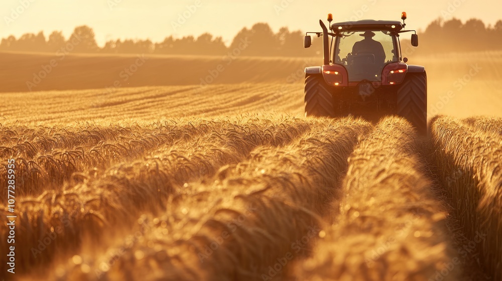 Fototapeta premium Tractor Driving Through Golden Wheat Field at Sunset