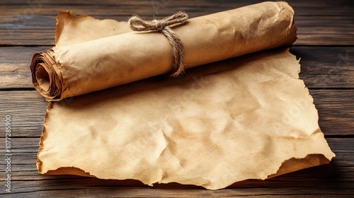 A rolled up parchment paper with twine tied around it lies on a wooden table. photo