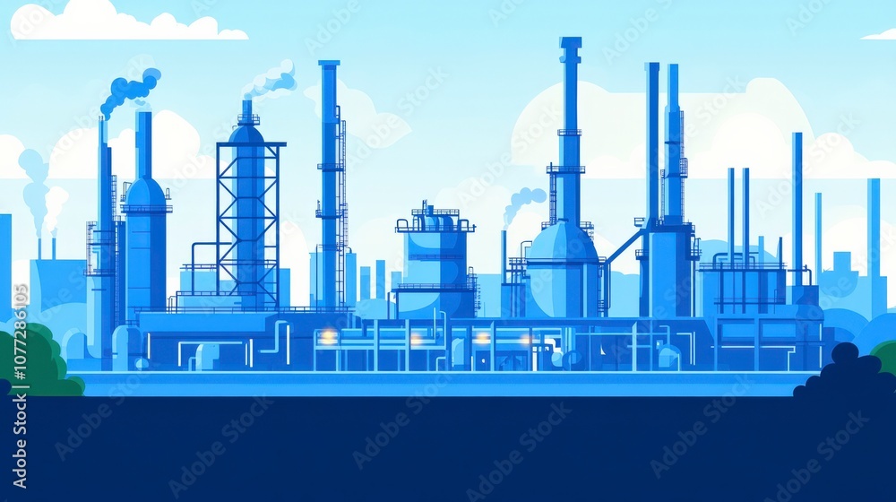 Obraz premium Industrial Factory Skyline With Towers and Pipes Under Clear Blue Sky