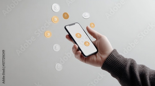 Cyptocurrency or digital money concept image, smart phone and bitcoin photo