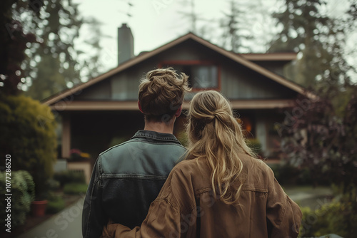 Rear view of a young couple standing in front of their first home, House owners for the first time