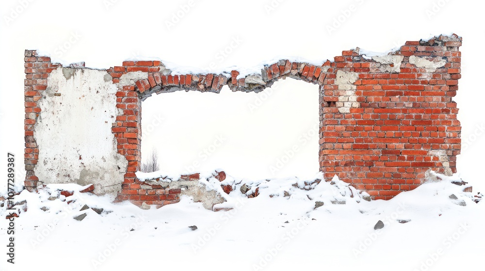 Fototapeta premium Ruined brick wall covered in snow.