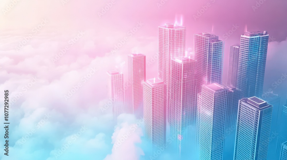 Fototapeta premium Majestic Skyscrapers Rising Amidst Clouds in Serene Pastel Dreamscape