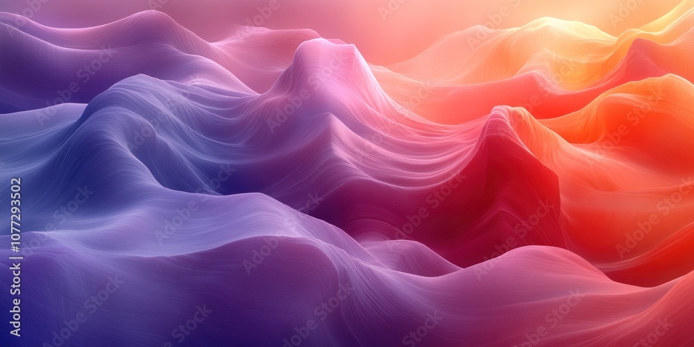 Obraz premium Abstract digital art with soft, flowing, and colorful waves in purple, red, and orange tones.