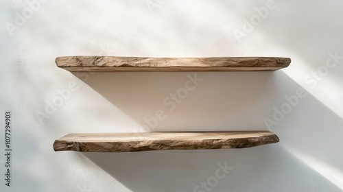 Floating shelves with unpainted raw wood photo