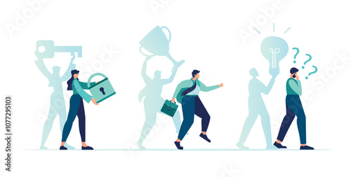 Process problem solving characters holding icons key and lock, work and success trophy, question problem and solution idea light bulb. vector business illustration shadow. hint in self growth