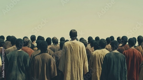 Sermon on the mount. A crowd of believers gathers on a mount, listening with reverence as Jesus shares His teachings.
