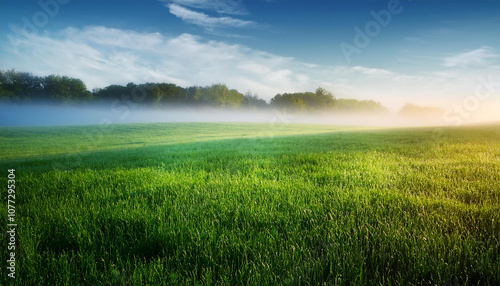 fog in nature, green grass field, misty scenery, morning view