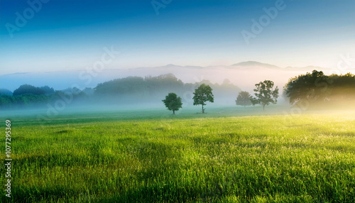 fog in nature, green grass field, misty scenery, morning view