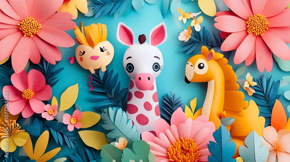 Obraz premium Colorful cartoon jungle animals surrounded by vibrant flowers and green leaves background