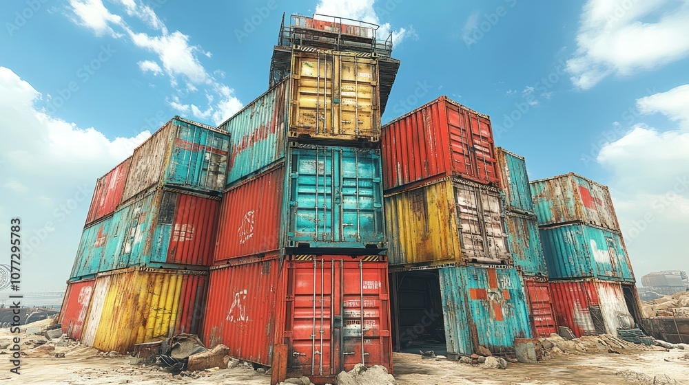 Fototapeta premium A stack of colorful shipping containers under a blue sky.