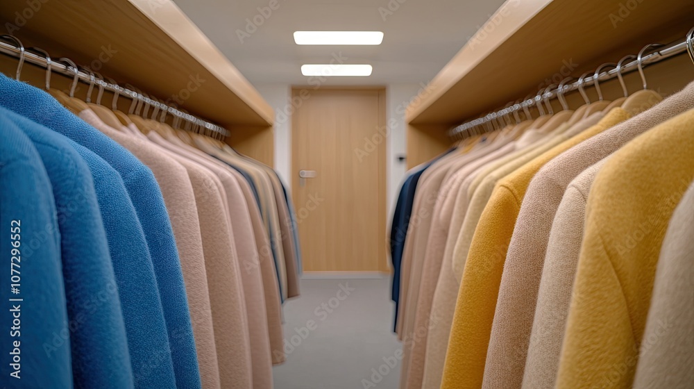 Obraz premium Modern entrance hall showcasing a wooden coat rack adorned with various colorful coats and an open hallway door in the background