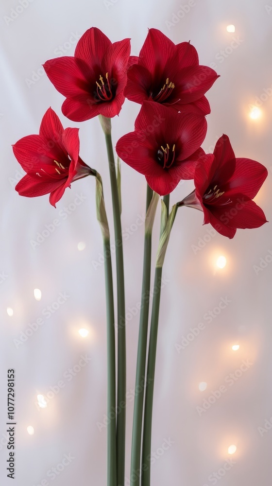 Obraz premium Red amaryllis flowers blooming with bokeh lights in background