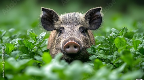 Curious Wild Boar Peeking From Green Foliage