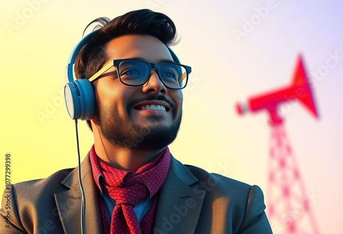 A man wearing glasses, headphones, and a jacket, smiling and looking upward. A red air horn is visible in the background.

 photo